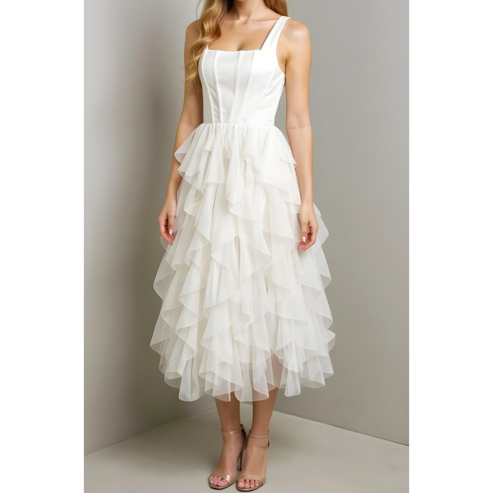 BHLDN Jada Tiered Tulle Midi Dress, White, Small - Picture 4 of 14